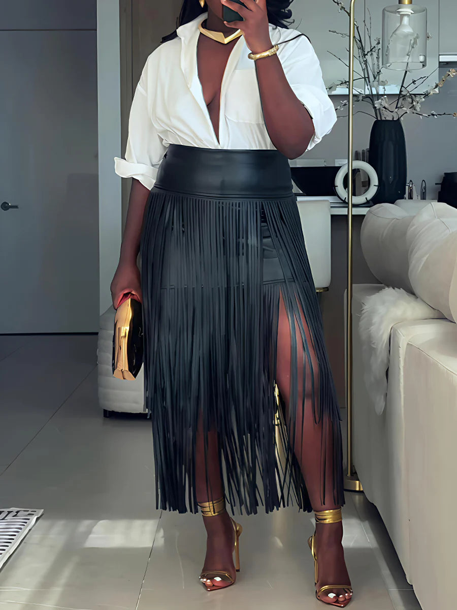 The Valentina Fringe Faux-Leather Maxi Skirt